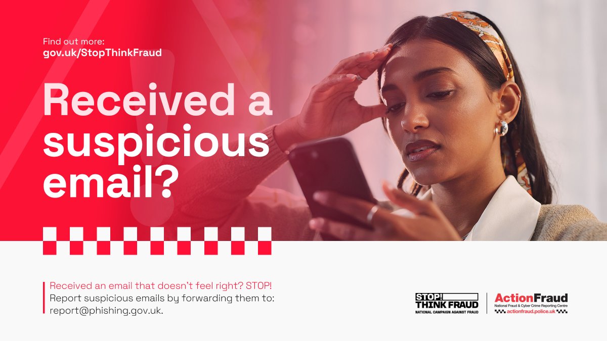 tsecrime's tweet image. RT @NHSCFA: Suspicious email or text?    
- forward suspicious emails to report@phishing.gov.uk   - forward suspicious texts to 7726   
- Don't click links in messages    

#TakeFive #Tell2 #CyberSecurity #Spam #Scams