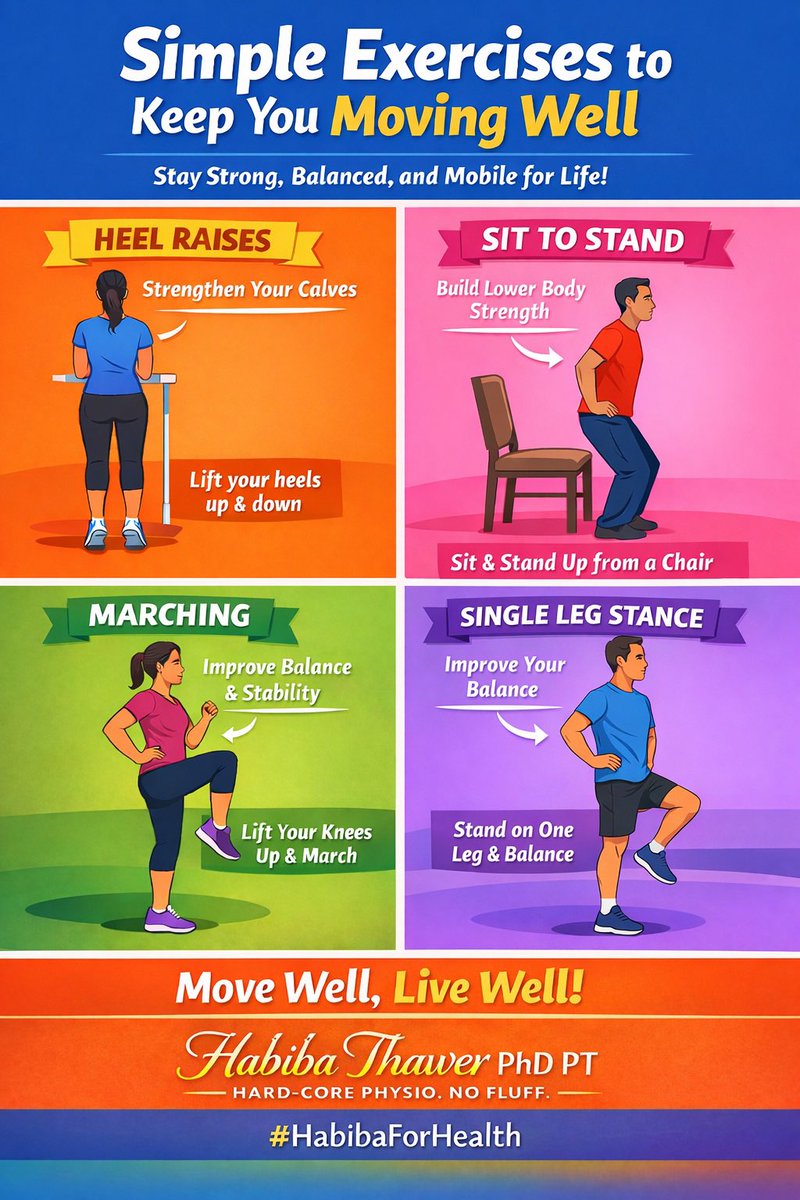 HAThawer's tweet photo. Simple daily movements help maintain strength, balance, &amp; mobility as we age. Aim for ~30 reps/day of each.

Small habits, done consistently, protect long-term mobility.

#Physiotherapy #HealthyAging #Mobility #PreventiveHealth #Longevity https://t.co/x2qcRSxmML