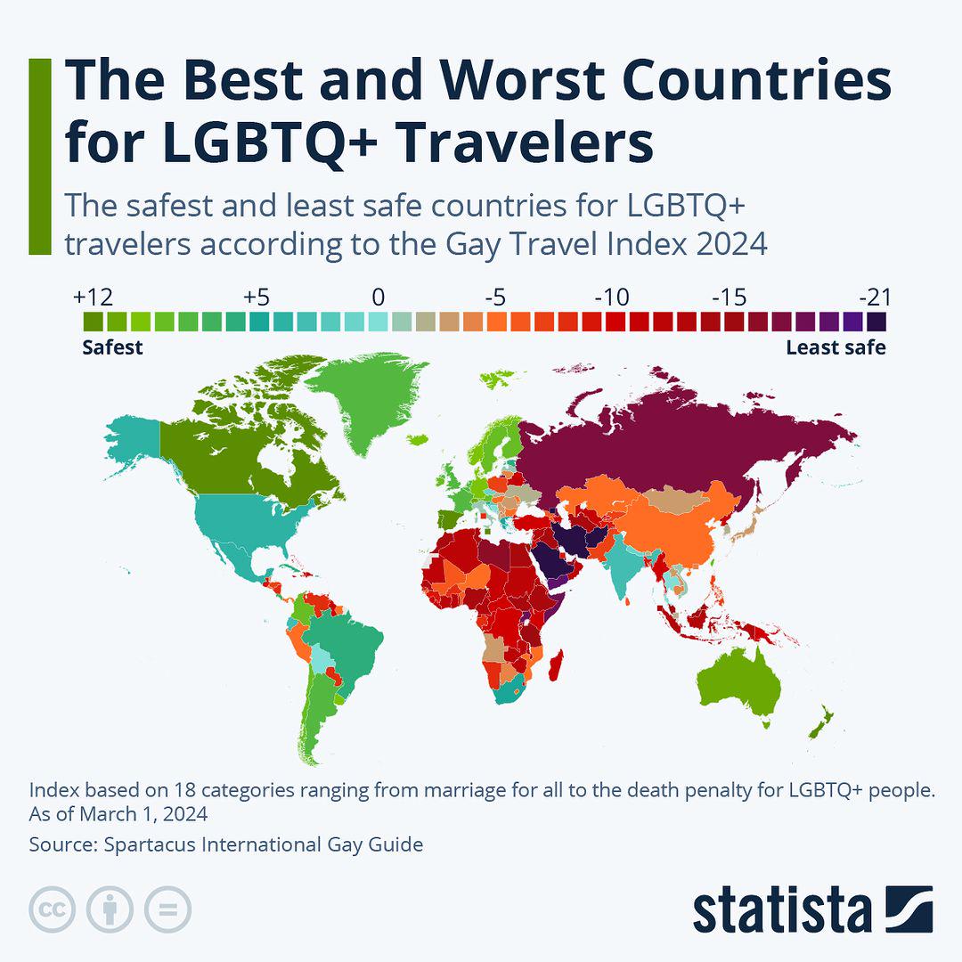 vintagemapstore's tweet photo. Gay travel index, 2024. Map via Statista.

The US ranked 41st in the 2024 index, but within the country, New York state tops the list while Oklahoma's at the very bottom. ++Illinois was the first state in the US to decriminalize homosexuality in 1961. https://t.co/Mup3uojDAj