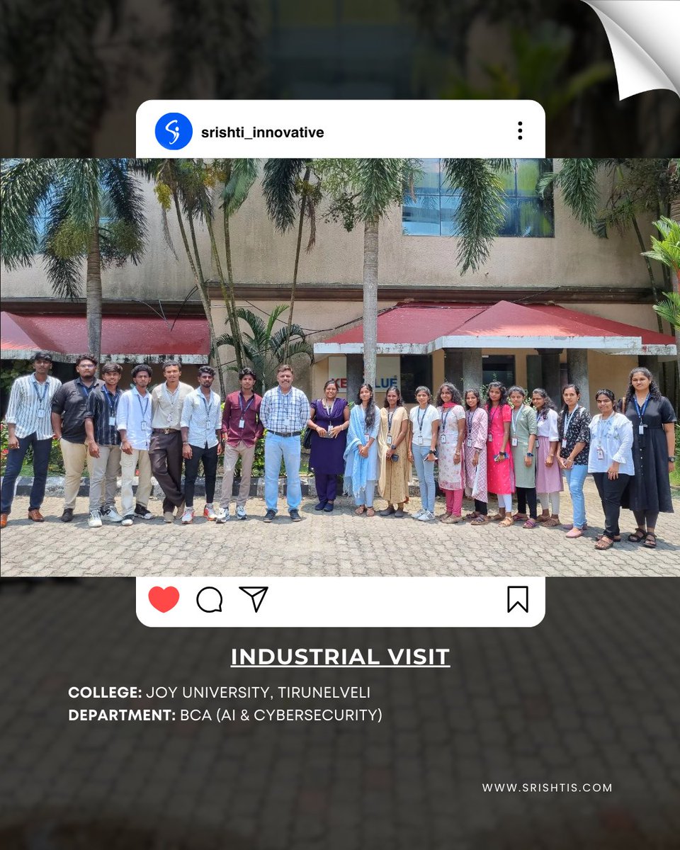 srishti_innov's tweet photo. An enriching Industrial Visit for the BCA (AI & CYBERSECURITY) students of Joy University, Tirunelveli, at Srishti Innovative in collaboration with Srishti Campus.
#IndustrialVisit #IVExperience #ITStudents #EngineeringLife #techexposure https://t.co/vQuYkEN9CU