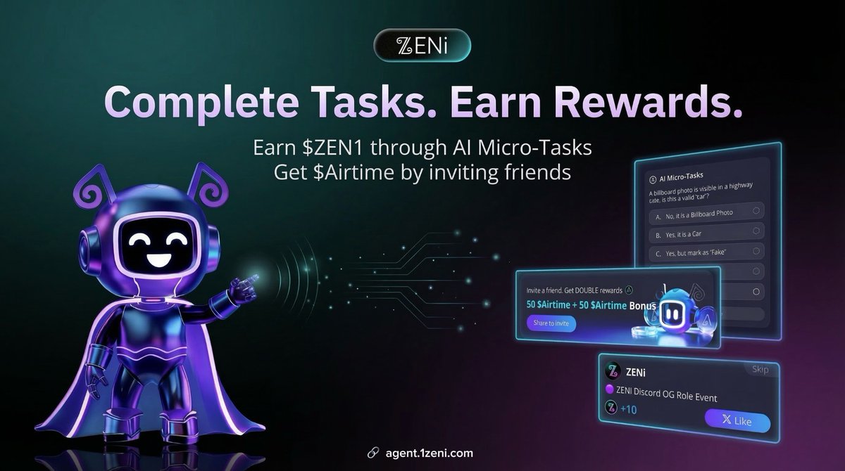 📊 Not every contribution carries the same value.

ZENi evaluates signals using integrity metrics such as consistency, uniqueness, and anomaly detection.

Complete AI Micro-Tasks to earn $ZEN1 on-chain rewards.

Invite friends to receive $Airtime for mobile top-ups. 📱

Start