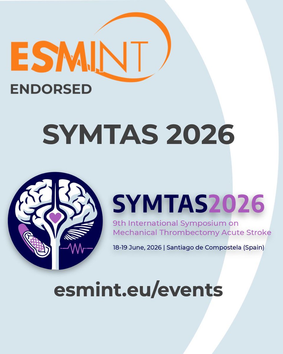esmintsociety's tweet image. ESMINT is proud to endorse 9th International Symposium on Mechanical Thrombectomy in Acute Stroke (SYMTAS 2026). A two-day meeting on advances in thrombectomy and acute stroke care 📅 18–19.06.26 📍 Santiago de Compostela, Spain 👉 buff.ly/O0fW95h #ESMINTendorsed #ESMINT