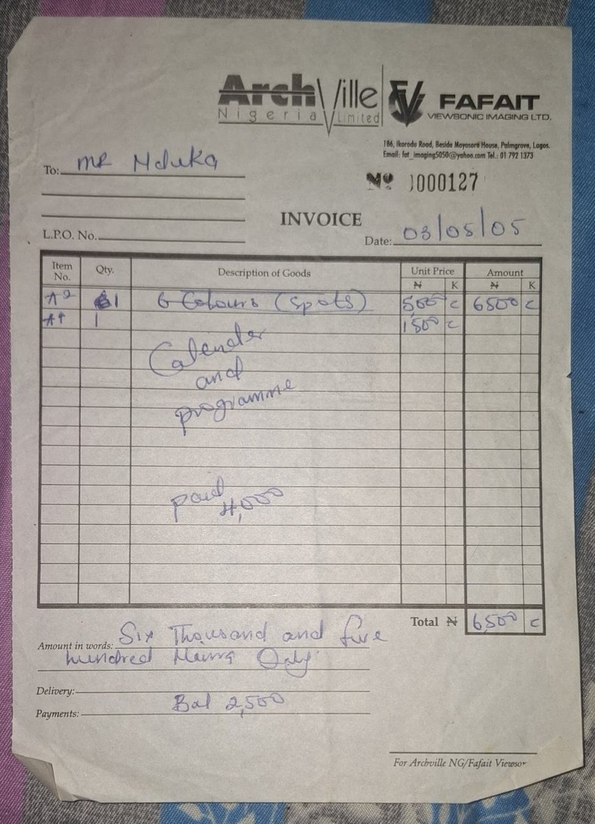 Friday, May 6, 2005

I had gone to collect my wedding programme and almanac calendar souvenirs a day before my wedding.
Problem: I didn’t have the balance of ₦2,200 to pay.

I decided to try my luck.

Mr. Wale, the press manager at the time or the owner,  I cannot really tell, a