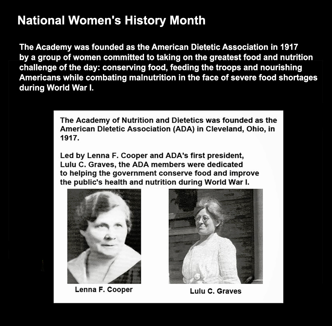 DietitianOnline's tweet image. On March 11th, we celebrate Registered Dietitian Nutritionist #RDN #NDTR. Two amazing women who blazed the trail for RDNs, creating the Academy of Nutrition &amp;amp; Dietetics - Lenna Cooper &amp;amp; Lulu Graves #IWD @eatright #NationalNutritionMonth #WomensHistoryMonth eatright.org/health/wellnes…
