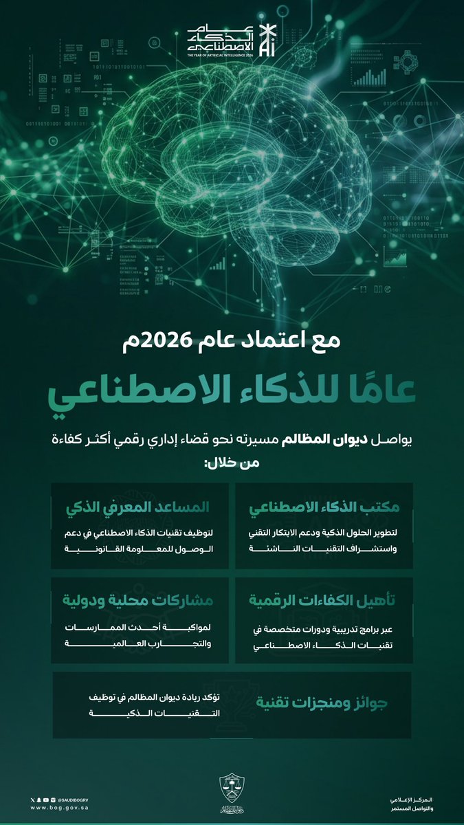 مع اعتماد عام 2026م #عام_الذكاء_الاصطناعي يواصل #ديوان_المظالم مسيرته نحو قضاء إداري رقمي أكثر كفاءة