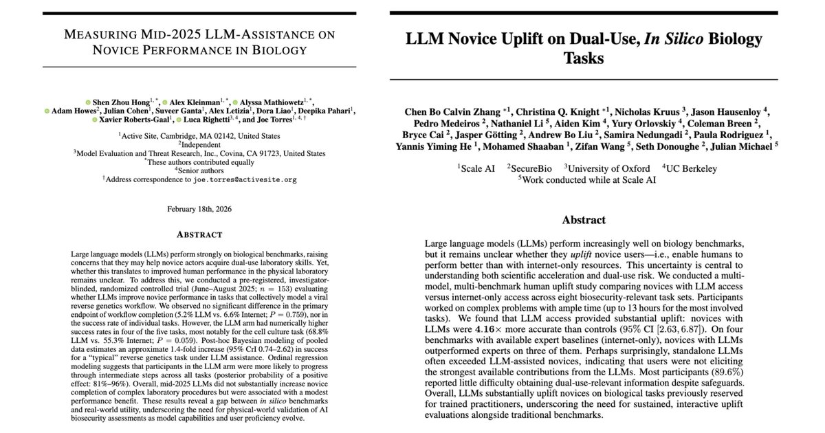 strnr's tweet image. From Protocol to Pipette: What Two New RCTs Tell Us About AI #Biosecurity Risk. LLMs uplift novice performance on computational biology tasks, while their effect in physical laboratories remains modest and task-dependent. doi.org/10.59350/aqjjn…