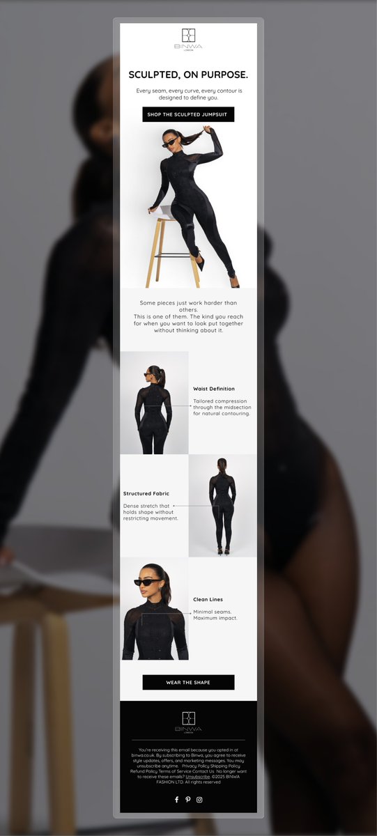 dewale_designer's tweet photo. The email that dresses like the product it's selling.

This is the latest product spotlight email I designed for Binwa London's newly launched Body Jumpsuit.

☑️One product.
☑️Clear features.
☑️Clean visuals.
☑️Strong CTA.

Sometimes simple converts better. https://t.co/ziMKZxAIvS
