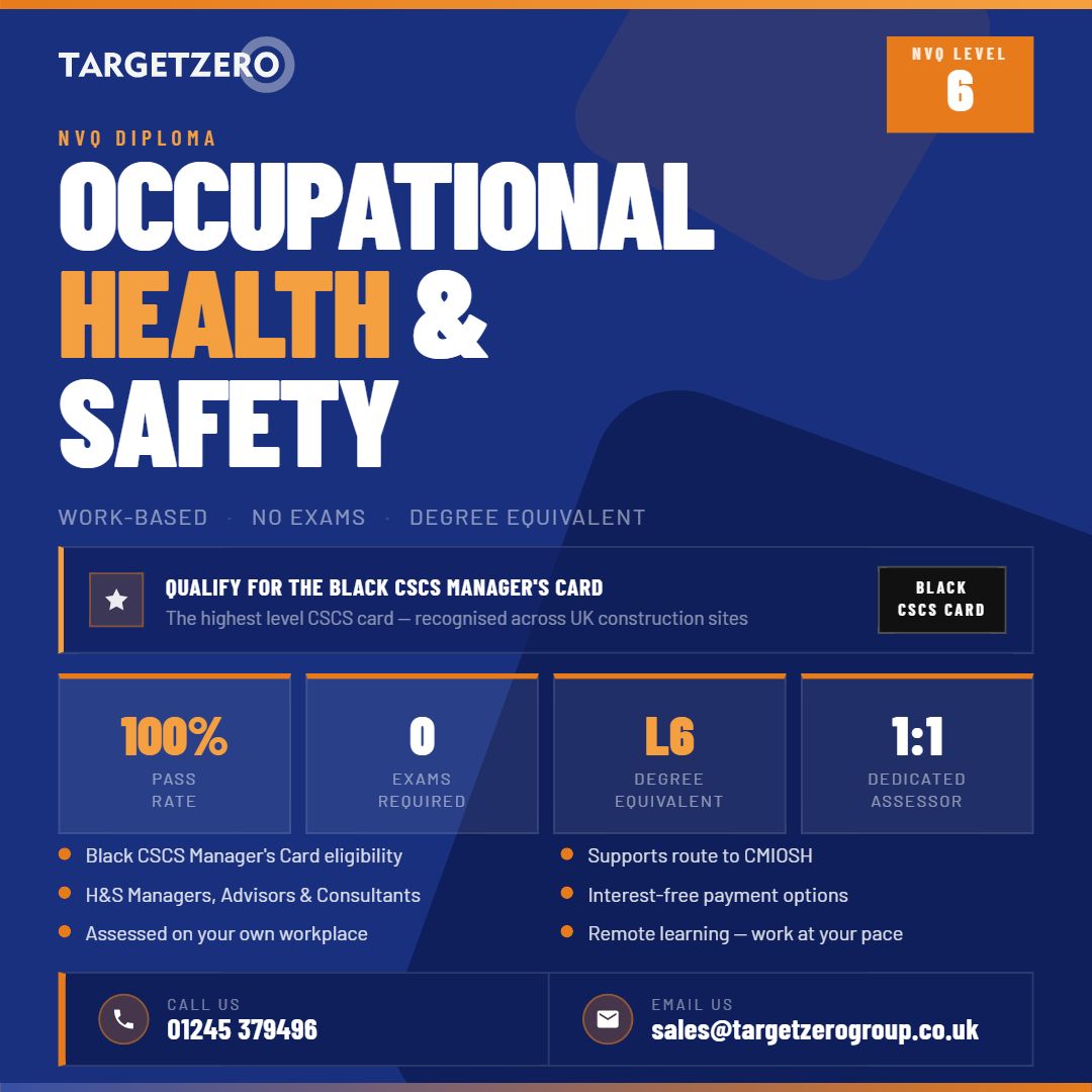 TargetZero_Grp's tweet photo. Ready to take your health and safety career to the next level?

🎓 Degree level qualification
📝 No exams required
🏗️ Assessed in your workplace
🪪 Qualify for the Black CSCS Manager’s Card
👨‍🏫 Dedicated assessor support
💻 Remote learning at your own pace

https://t.co/R2RbBoASlH https://t.co/gIAyIDUdeL