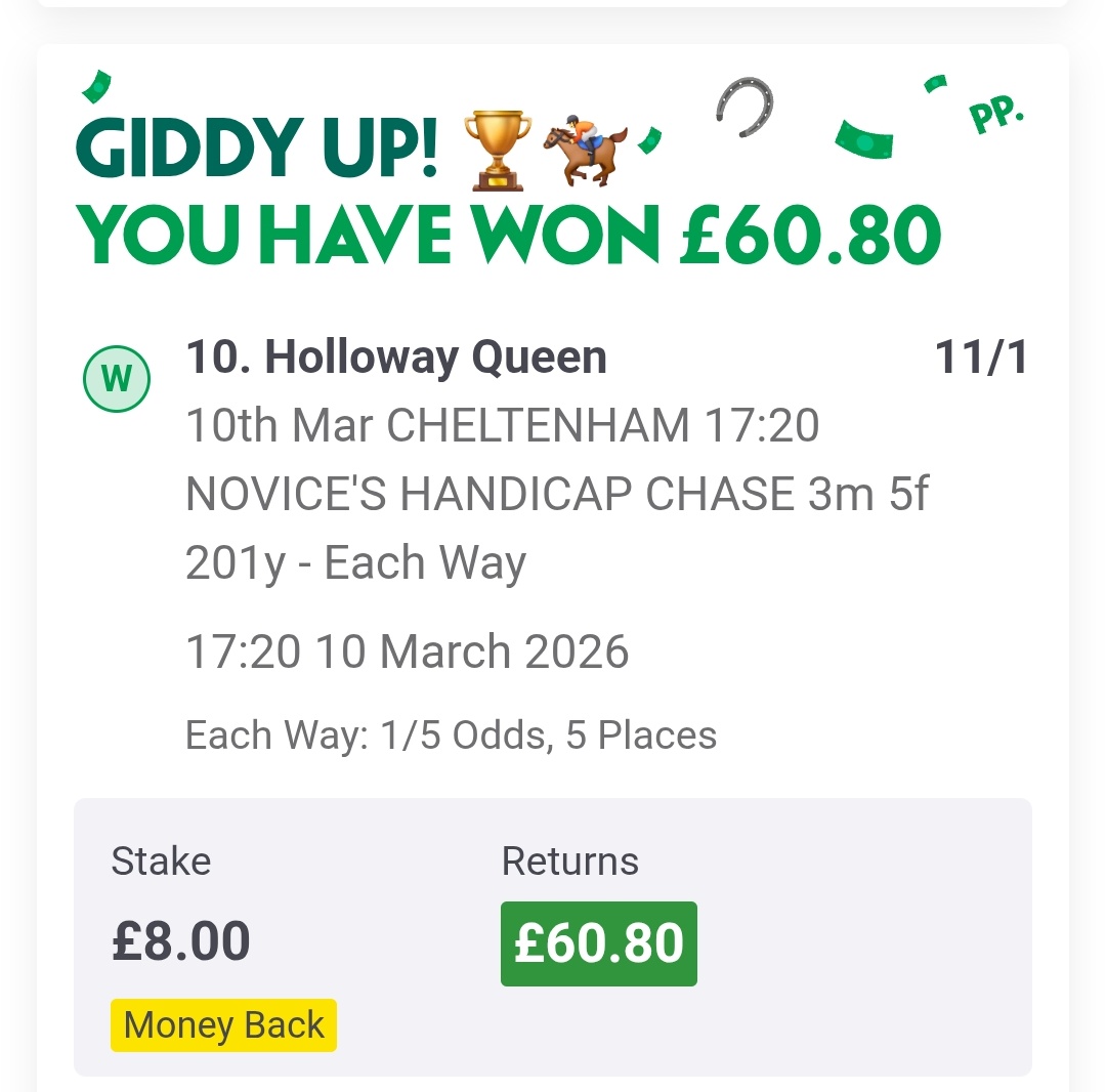 Had a little punt at Cheltenham yesterday, purely because of the name &amp; it finished 1st!

<a href="/RoxyD27/">Røxy ❤🤍🌻</a> the timing of seeing this also made me think of Lou, maybe she helped it across the line in 1st place for me!