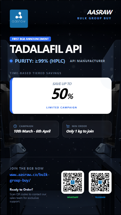 AasrawCo's tweet photo. 🚨 First BGB Product Live: Tadalafil API

≥99% HPLC purity | Factory-direct

⏰ Golden Phase: 18-26 March = Best price (up to 50% off)
🕒 Silver Phase: 27 Mar-6 Apr = 20-25% off
📅 Final Phase: 7 Apr+ = Standard pricing

MOQ: 1kg only

#AASraw #APIManufacturer #Tadalafil https://t.co/gXKQXi1Xdn