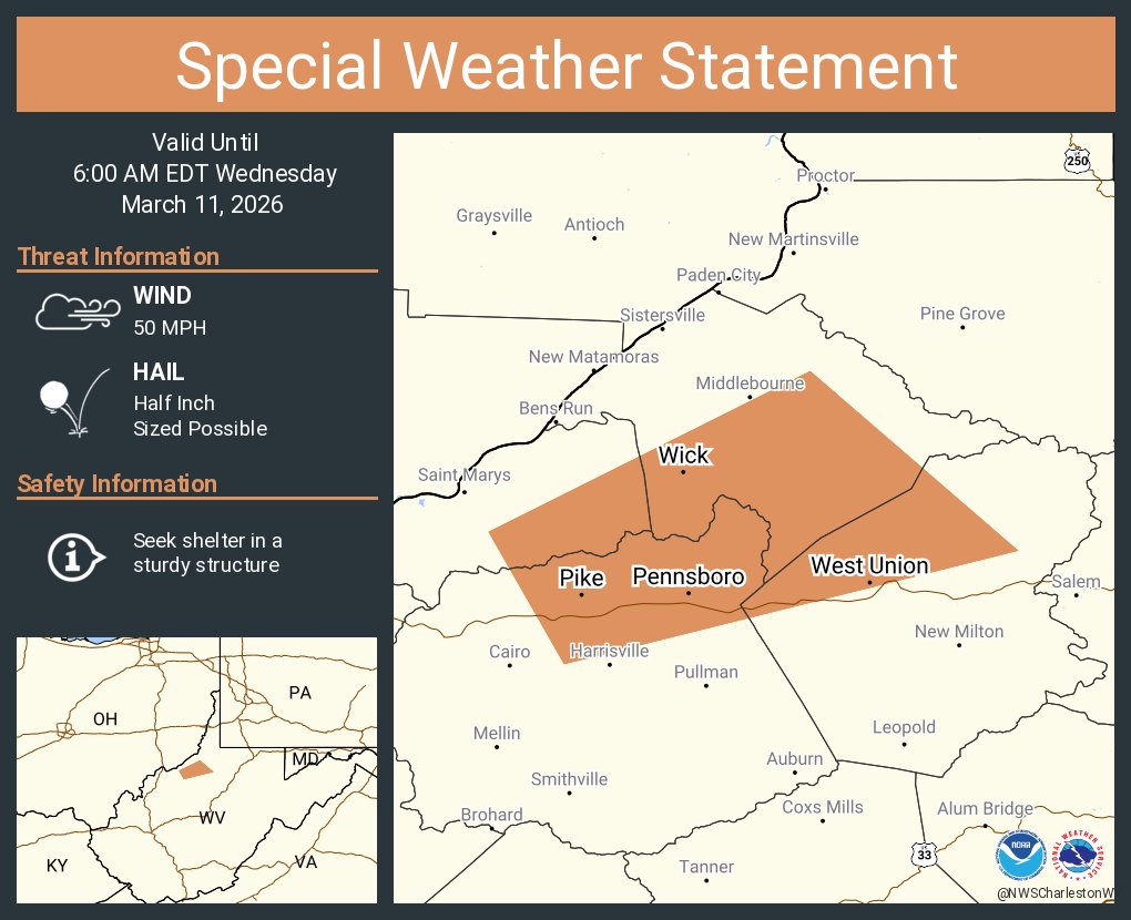 A special weather statement has been issued for Pennsboro WV, West ...