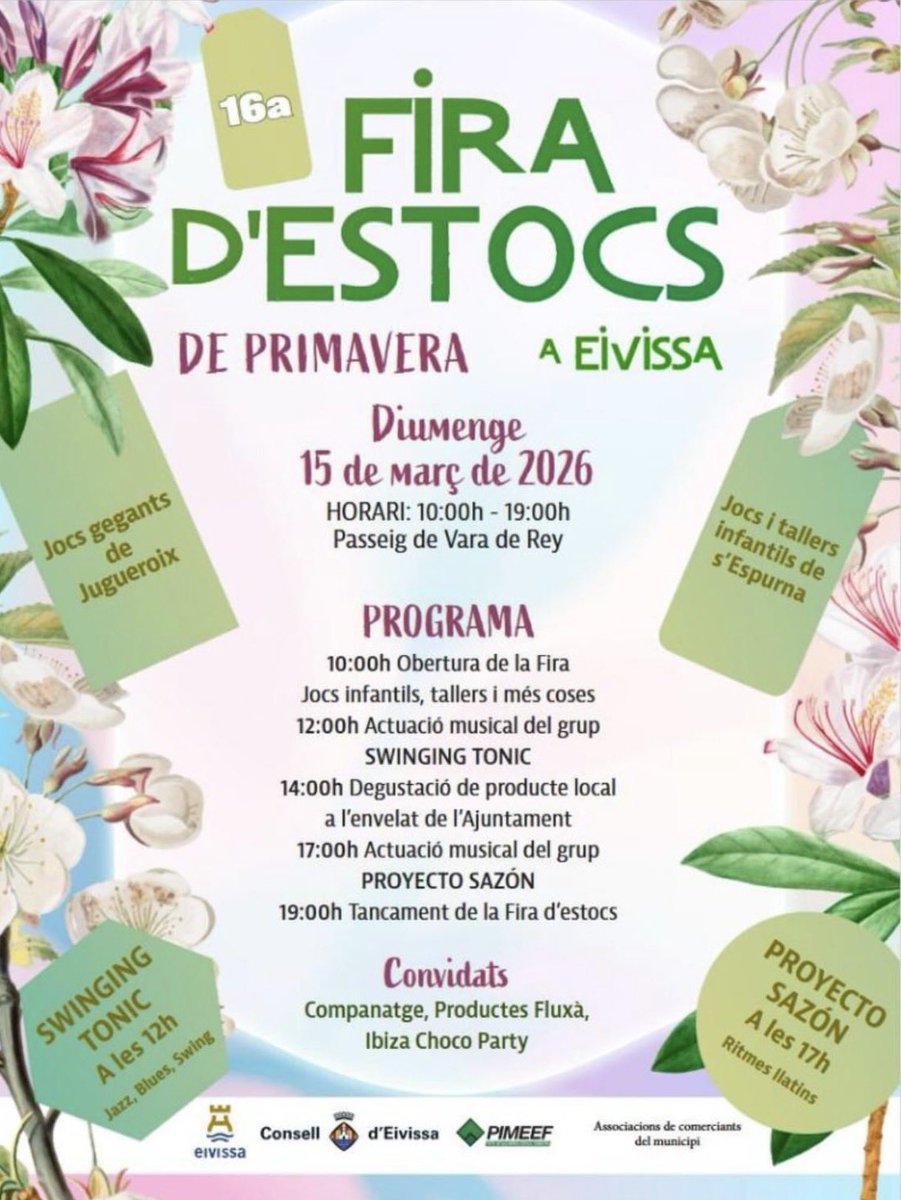 🛍️ La 16ª Fira d’Estocs de Primavera se celebra el domingo 15 de marzo de 2026, de 10.00 a 19.00 horas, en el Passeig de Vara de Rey (Eivissa).

🔗 ibiza-click.com/descuentos-mus…

#IbizaClick #OcioIbiza #AgendaIbiza #FiraDEstocsEivissa #VaraDeRey