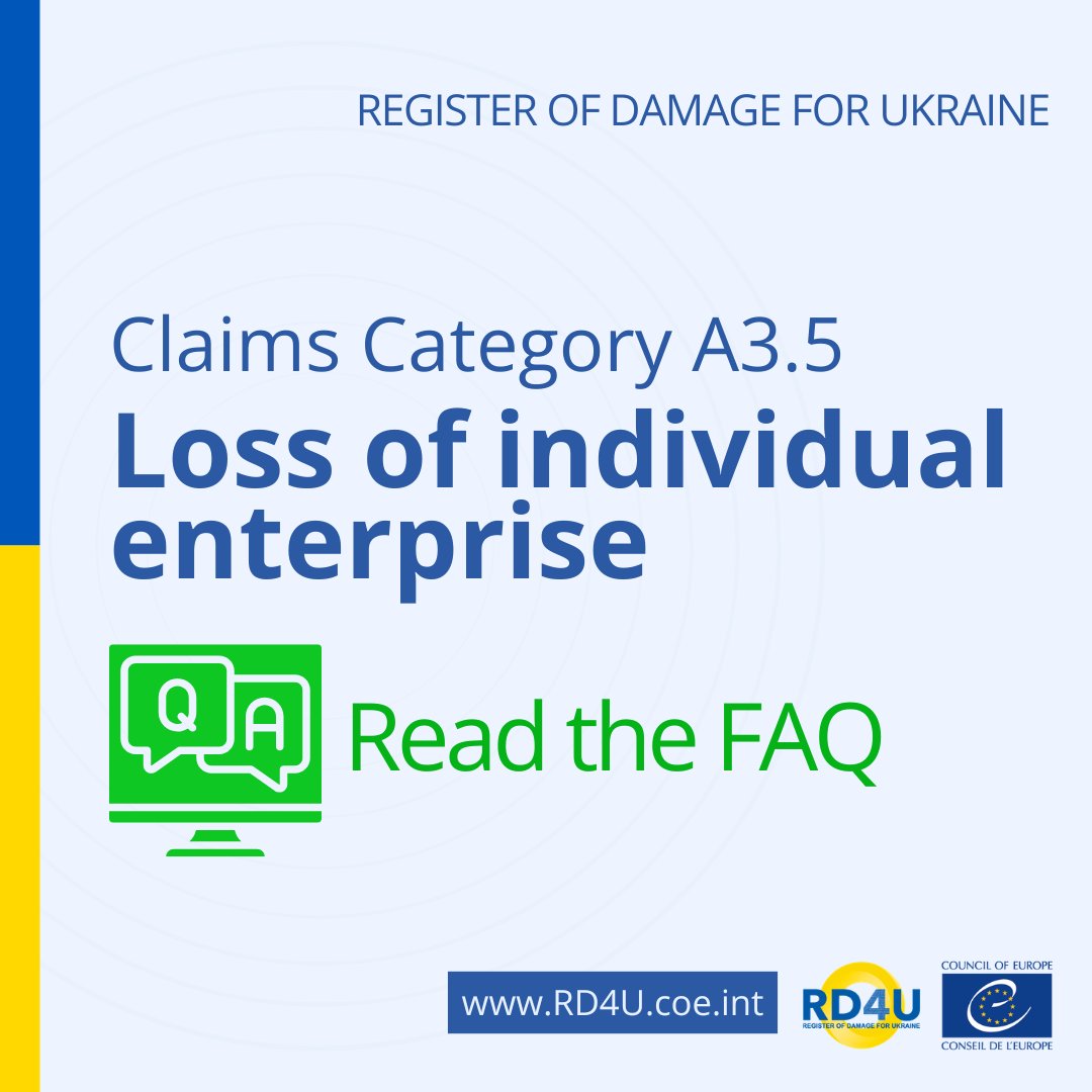 RD4U_claims's tweet image. 📑 Preparing a #claim  under Category A3.5 Loss of individual enterprise?

#RD4U has published FAQs to help guide you through the process.

Check it out and get the answers you need➡️ rd4u.coe.int/en/a3.5-loss-o…