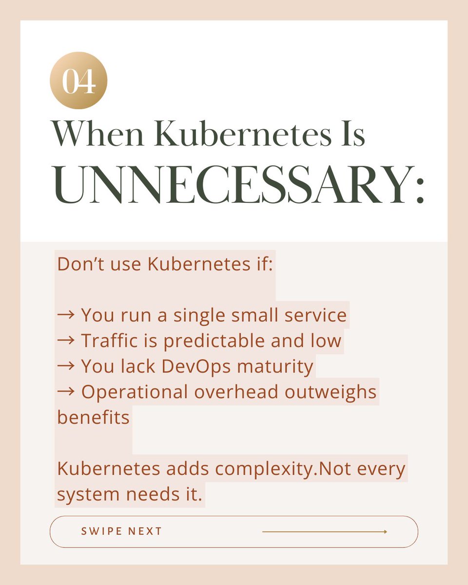 LinearloopHQ's tweet photo. Kubernetes isn’t always the answer.
It solves real scaling and orchestration problems, but adds operational complexity.
Before migrating from traditional infra, ask: Do you truly need container orchestration at scale?
Swipe the carousel to break it down. https://t.co/qZLuI8GDok