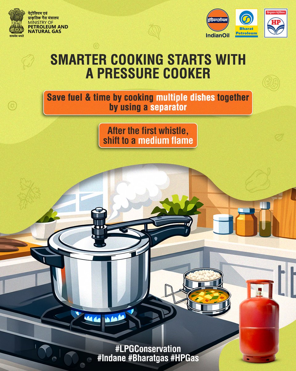 BPCLimited's tweet photo. LPG Conservation Tip: Let your pressure cooker do more. 
It reduces cooking time and helps save a significant amount of LPG. By using separators, you can cook rice, dal and vegetables together, making your kitchen more efficient and energy-smart.

Remember:
Pressure cooking saves fuel and time. Use separators in the pressure cooker to cook different items at the same time.

#SaveFuel #SmartCooking #EnergyConservation #ConserveOilandGas
#LPGConservation

@PetroleumMin @Secretary_MoPNG @HardeepSPuri @BPCLLPG