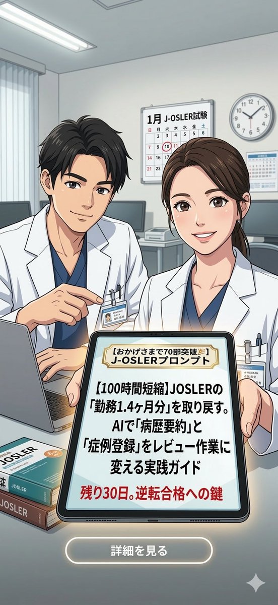 Josle33's tweet photo. 【おかげさまで70部突破🎉】

JOSLER攻略プロンプト、発売からここまで多くの専攻医の先生に使っていただきました。

「査読が1回で通った」
「考察を書く時間が激減した」

という声も届いています。

3月の締切に向けて、まだ間に合います。

▼ J-OSLER攻略プロンプト

https://t.co/A8NYICO2JU

#JOSLER #内科専攻医 #専門医試験 #研修医
