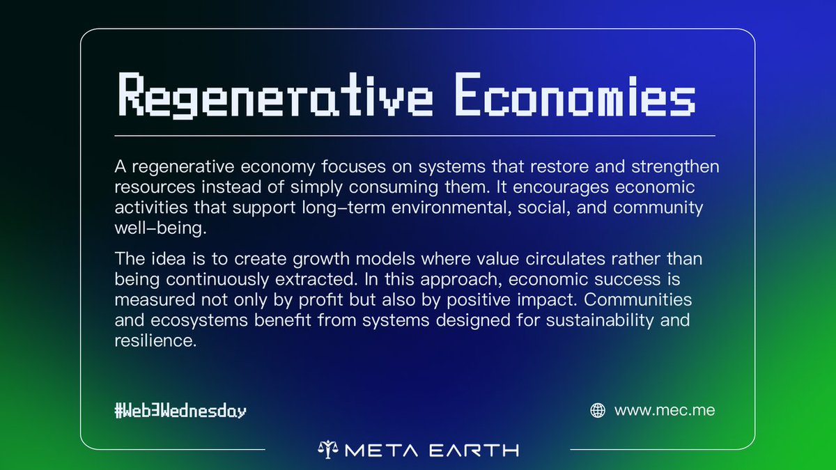 _MetaEarth_'s tweet photo. #Web3Wednesday
🗣️ Let’s talk about something called a 𝗥𝗲𝗴𝗲𝗻𝗲𝗿𝗮𝘁𝗶𝘃𝗲 𝗘𝗰𝗼𝗻𝗼𝗺𝘆.
Most economic systems today work in a pretty simple way: resources are used, value is created, and over time that value usually ends up concentrated in the hands of a few players. Growth happens, but the system itself doesn’t always get stronger.
A regenerative economy flips that idea. Instead of constantly extracting value, it focuses on circulating value back into the ecosystem so communities, resources, and participants all grow stronger over time. Success isn’t just about profit; it’s also about whether the system itself becomes healthier and more sustainable.
This is also where projects like #MetaEarth start exploring similar ideas in #Web3. By connecting identity, participation, and incentives, the goal is to build networks where value flows across real users instead of concentrating in a few wallets.
Get started today 👉 https://t.co/M17lEg4GsN