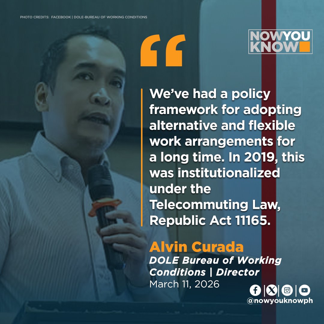 nowyouknowph's tweet image. "We’ve had a policy framework for adopting alternative and flexible work arrangements for a long time. In 2019, this was institutionalized under the Telecommuting Law, Republic Act 11165." - DOLE Bureau of Working Conditions Director Alvin Curada

#NowYouKnow 
#NYK