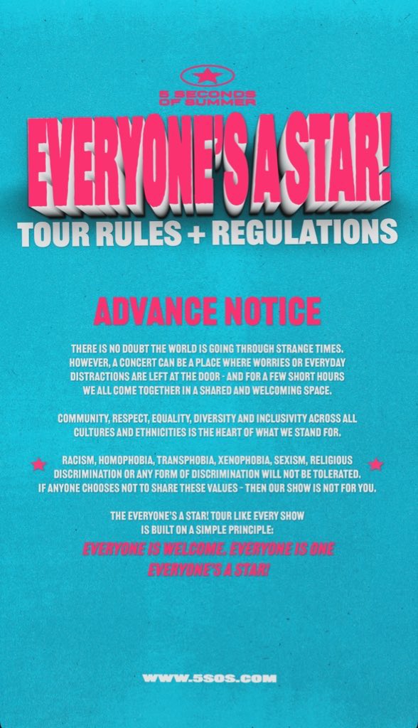 Nuove storie dei 5SOS!

1/5

“REGOLAMENTO DEL TOUR

PREMESSA
Non c'è dubbio che il mondo stia attraversando tempi strani. Tuttavia, un concerto può essere un luogo in cui le preoccupazioni o le distrazioni quotidiane vengono lasciate fuori dalla porta e, per qualche ora, ci si