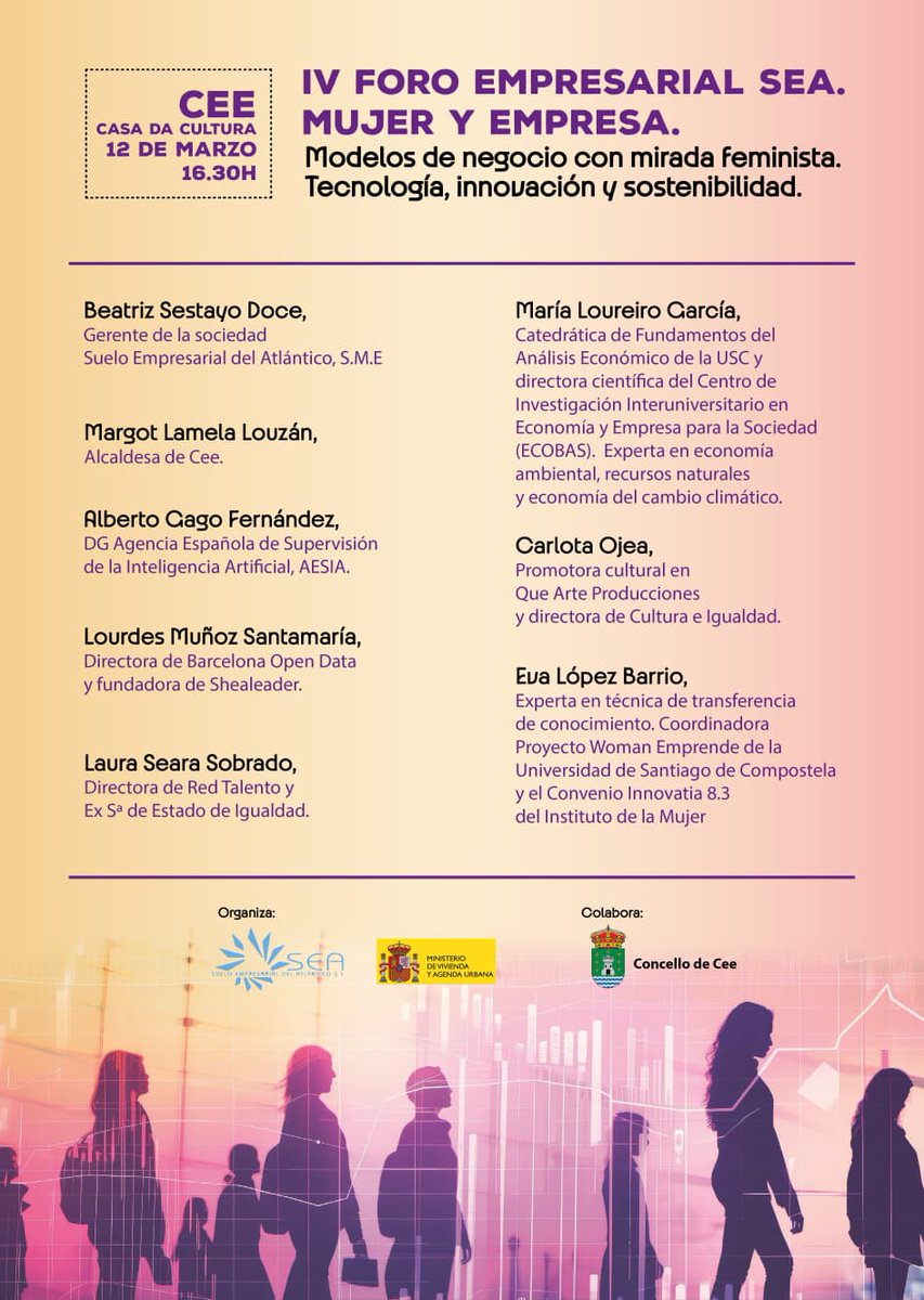 SueloSea's tweet photo. 📣 Mañana, 12 | IV Foro Atlántico Empresarial
📍 Cee | 🕓 16:30 h

🤖 IA e igualdad
⚖️ Retos tecnológicos para los derechos de las mujeres
👩‍💼💡 Feminismo, innovación y emprendimiento sostenible
Organiza: SEA
#creamosfuturo
@viviendagob @Casa47gob @DelegGobGAL https://t.co/BwYuH8xNgI