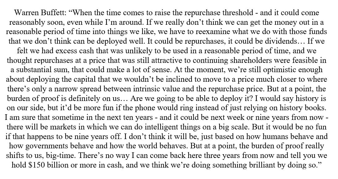 youngallien's tweet photo. Warren Buffett at the 2017 $BRK.B meeting, on repurchases and excess cash: "There’s no way I can come back here three years from now and tell you we hold $150 billion or more in cash, and we think we’re doing something brilliant by doing so." https://t.co/dtKgN2UyOr