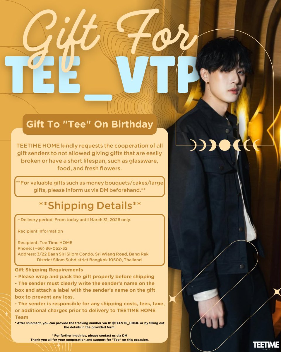 ทางบ้านขอประกาศเปิดรับของขวัญวันเกิดสำหรับ น้องธี ธีรเดช✨

📅 ระยะเวลา: วันนี้ – 31 มีนาคม 2026

รายละเอียดการจัดส่งของขวัญ
📌 กรุณาห่อของขวัญให้เรียบร้อย และเขียนชื่อผู้ส่งให้ชัดเจน
📌 ผู้ส่งเป็นผู้รับผิดชอบค่าใช้จ่ายในการจัดส่งและภาษีทั้งหมด

📦 สามารถแจ้งเลข Tracking ทาง X :