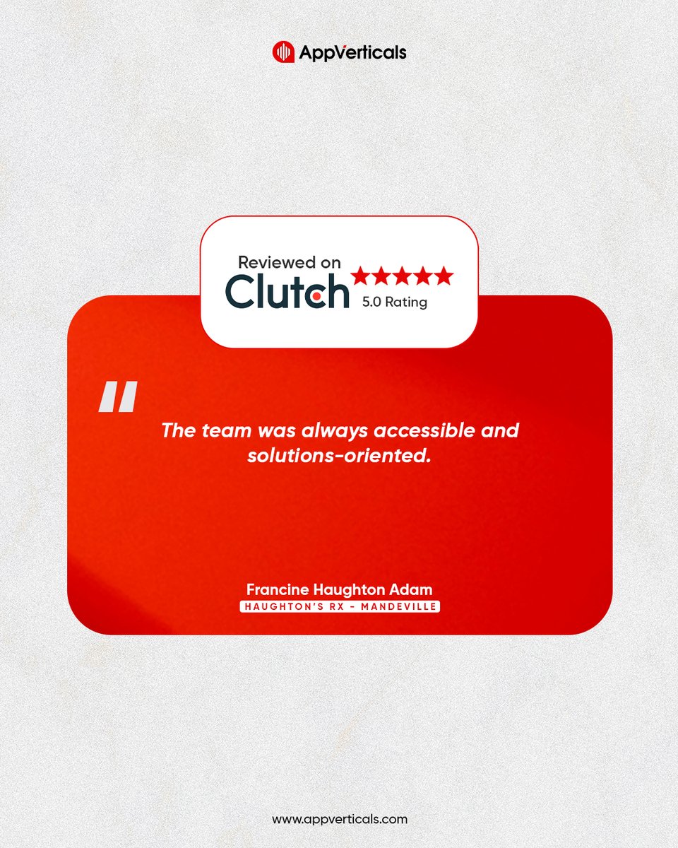 AppVerticals's tweet image. FRANCINE HAUGHTON ADAM shared ⭐⭐⭐⭐⭐ review on Clutch!

Here’s to more wins, more solutions, and more moments like this! 🙌

Visit our website: tinyurl.com/3jpvvp4n

#TechSolutions #MobileAppDevelopment #Teamwork #Innovation