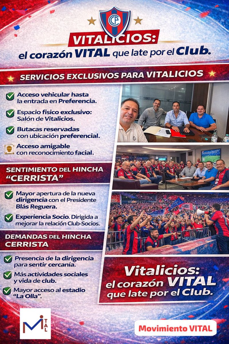 Los Vitalicios del Club Cerro Porteño tendrán beneficios a partir de este siguiente encuentro Vs. Trinidense en LNO. Cuales son? A continuación citamos en el Flyer!!! Gracias <a href="/blasreguera/">Blas Reguera</a> Presidente y <a href="/CCP1912oficial/">Club Cerro Porteño</a>