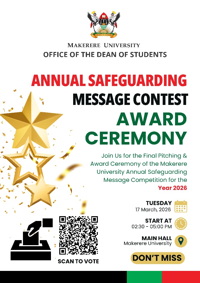 Makerere's tweet photo. Safeguarding is everyone’s responsibility. The Makerere University community is invited to vote for the best Annual Safeguarding Message created by our talented students.

Your vote will help recognize the message that best promotes respect, safety and inclusion across our campus.

Vote here: https://t.co/eaK0AnFseh