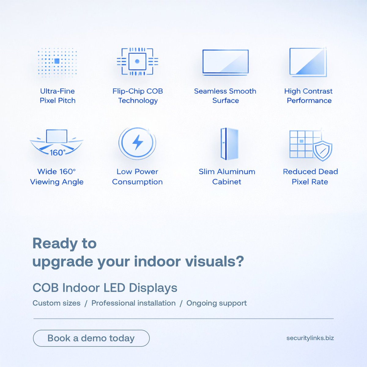 Security__Links's tweet image. Your environment speaks before anyone does.

Security Links’ COB Indoor LED Displays deliver seamless visuals with Flip-Chip COB technology, tighter pixel pitch, &amp;amp; superior reliability.

Built for control rooms, offices, retail &amp;amp; hospitality.

#LEDDisplay #COBLED #DigitalDisplays