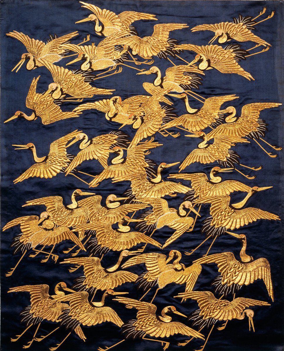Silk fukusa (gift cover) embroidered with a flight of cranes, Japan, 1800-50, Edo period