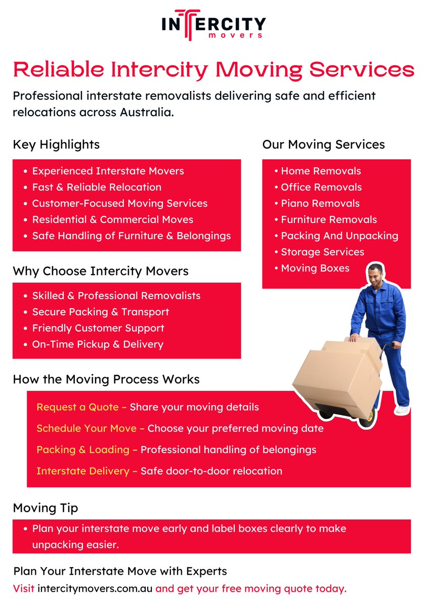 InterCityMover1's tweet image. Moving to another city? 🚚
Let the experts handle your #interstatemove safely and efficiently.

📦 #Professionalremovalists
🏠 Home &amp;amp; #officerelocations
🚛 Safe door-to-door delivery

📞 Book now: 0491 799 907
🌐 Visit: intercitymovers.com.au

#InterstateMovers #movingservices