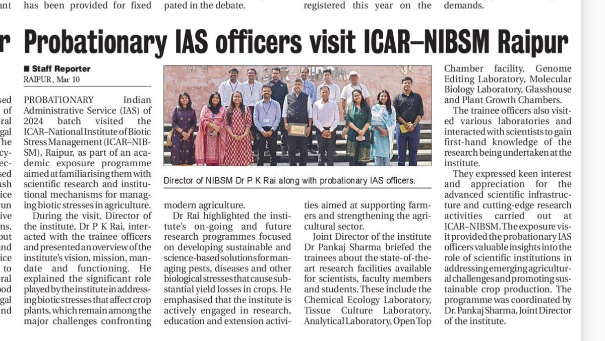 icarnibsm's tweet photo. Probationary IAS Officers visited the ICAR-National Institute of Biotic Stress Management, Raipur on 09 March 2026. https://t.co/Tgaf86p8vA