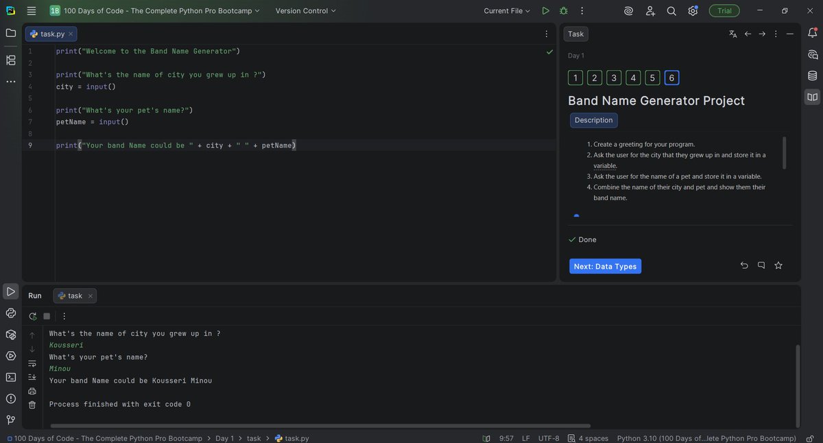 ous_manou's tweet photo. Day 1 of #100DaysOfCode 

I started Angela Yu's course because I realized my Python skills weren't as strong as I thought.

Rules:
• Code at least 1 hour every day
• Share progress on X

Today I learned: printing, debugging, input(), variables.

Built: Band Name Generator. https://t.co/AGFf0Ml9iw
