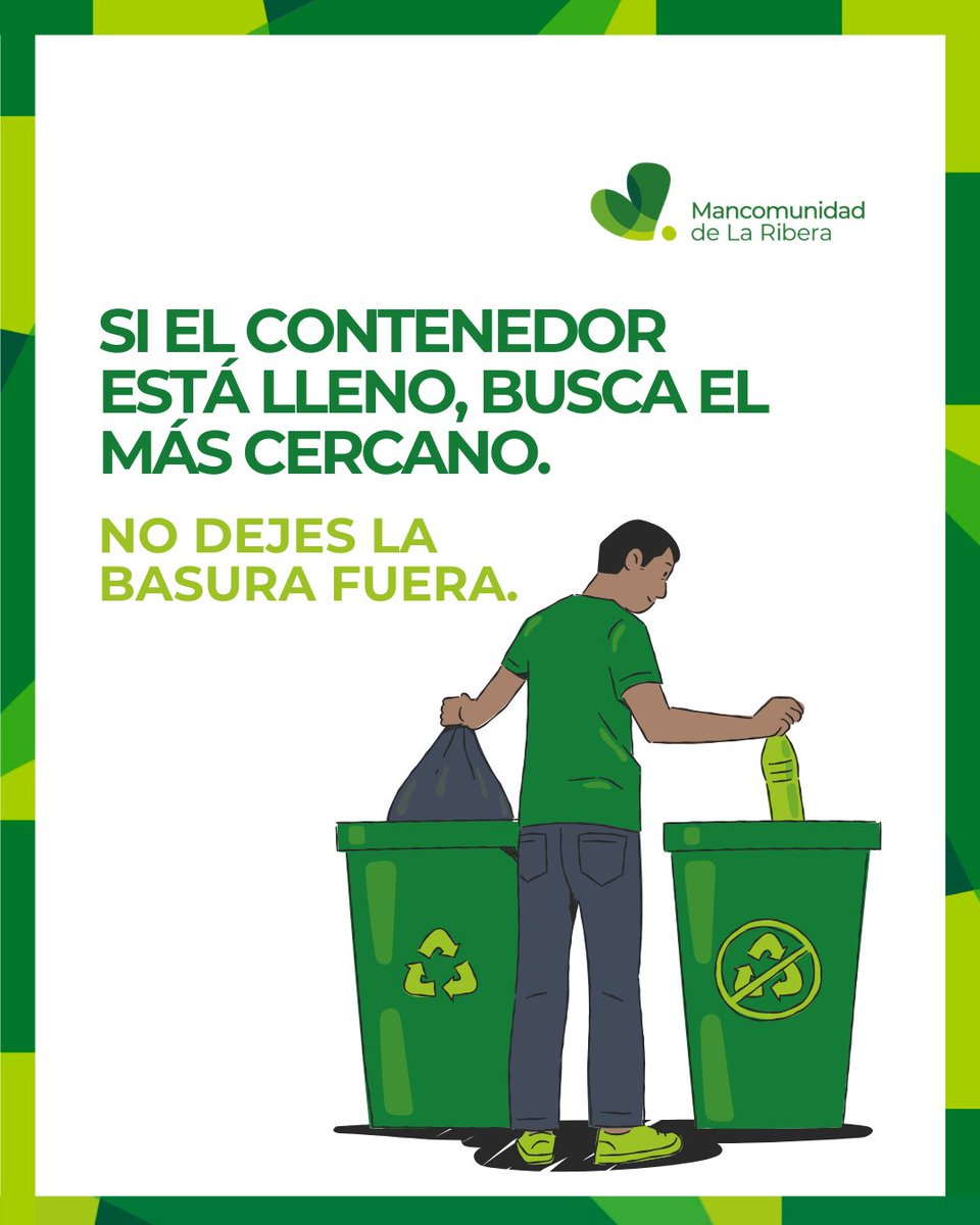 mancoribera's tweet photo. 𝗖𝘂𝗶𝗱𝗮𝗿 𝗲𝗹 𝗲𝗻𝘁𝗼𝗿𝗻𝗼 𝗲𝘀 𝘁𝗮𝗿𝗲𝗮 𝗱𝗲 𝘁𝗼𝗱𝗼𝘀

Cuando un contenedor está lleno, buscar otro cercano es una forma sencilla de contribuir.

Evitar dejar residuos fuera ayuda a mantener calles más limpias y espacios más agradables.

#GestiónDeResiduos https://t.co/tRQaKr3iWs