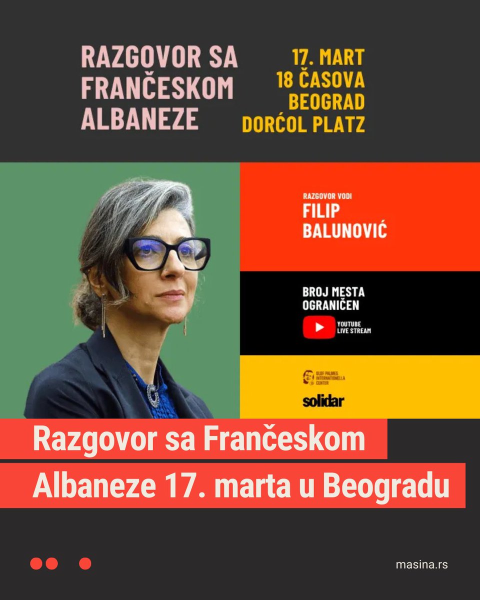 MasinaRS's tweet photo. Međunarodni centar Olof Palme i fondacija Solidar organizuju javni razgovor sa Frančeskom Albaneze, specijalnom izvestiteljkom Ujedinjenih nacija za stanje ljudskih prava na okupiranim palestinskim teritorijama, 17. marta na Dorćol Platzu u ulici Dobračina 59.

Saznajte više na našem sajtu👇👇
https://t.co/hHBEQKJWI6