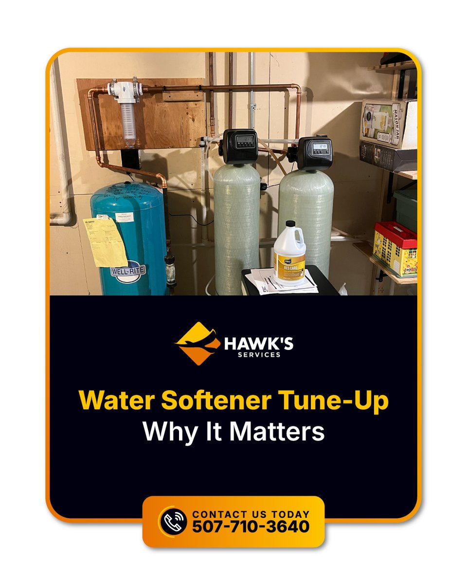 HawksServices's tweet photo. Hard water is common in Minnesota, and without proper maintenance, your water softener may lose efficiency.

A water softener tune-up helps:
✅Prevent scale buildup
✅Improve appliance lifespan
✅Protect plumbing fixtures

Keep your system running at peak performance with us. https://t.co/8MgNZaQtTc