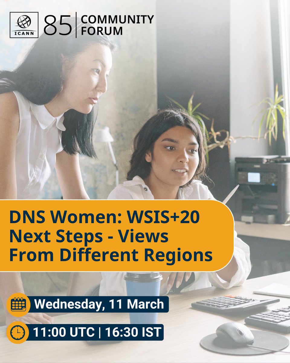ICANN's tweet image. Join the #ICANN85 DNS Women session at 16:30 IST to connect, network, and share insights on advancing women’s participation in the DNS industry and Internet governance. Learn more &amp;gt;&amp;gt; go.icann.org/4aPaD2f #ICANN