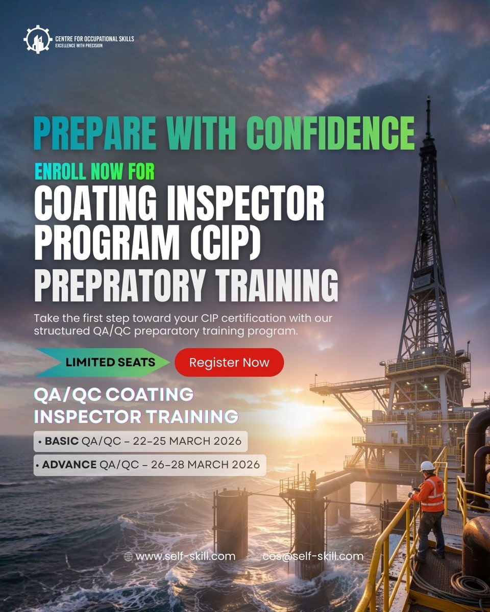 selfskillcom's tweet photo. Start your Coating Inspector career with CIP Preparatory Training.

📌 QA/QC Coating Inspector Training
✅ Basic: 22–25 Mar 2026
✅ Advance: 26–28 Mar 2026

🌐 https://t.co/QPhkZ0gntP
#CoatingInspector #QAQC #Training #IndustrialTraining #SkillDevelopment #SelfSkill https://t.co/JkFObvHrkK