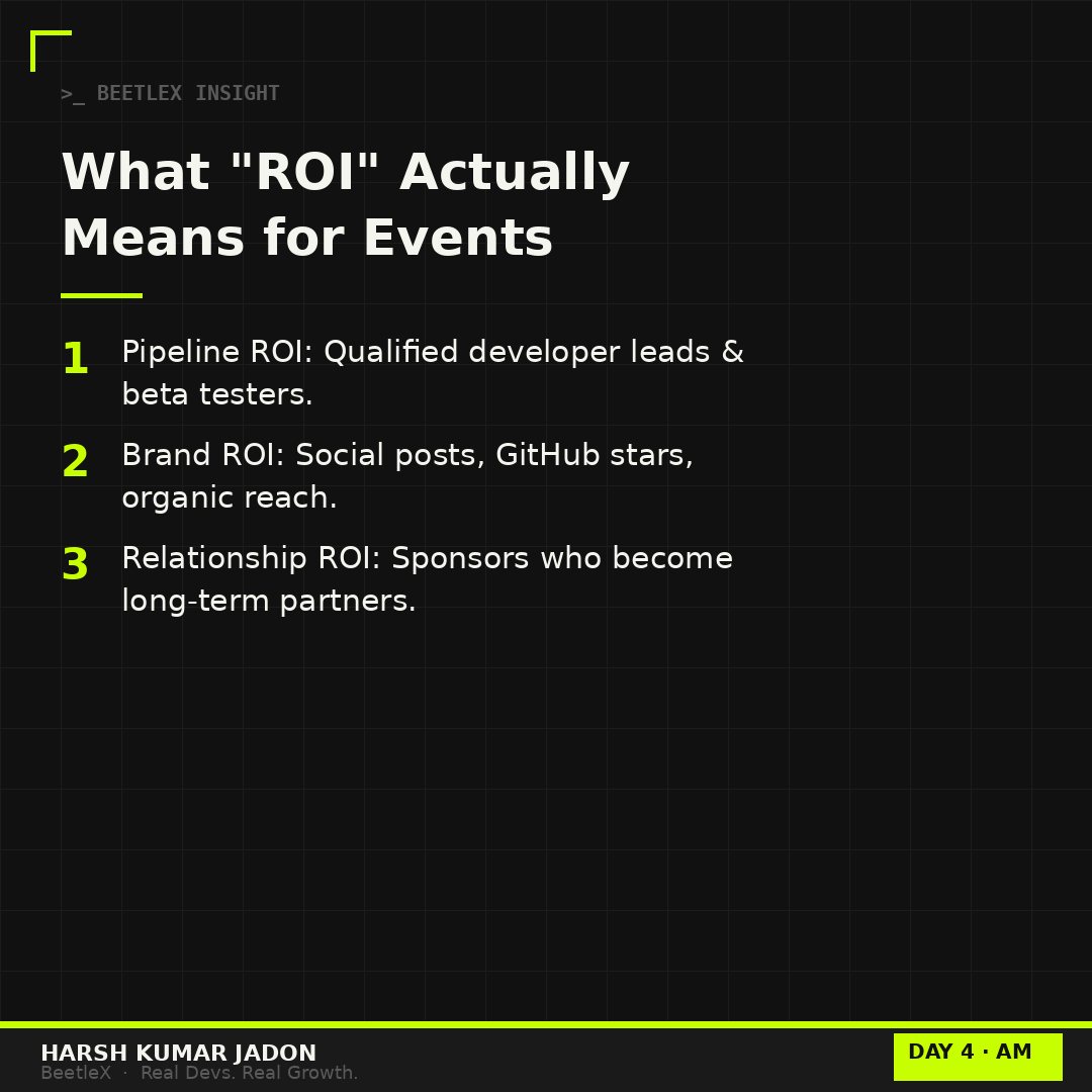 Beetlex__'s tweet photo. "What's the ROI of running an event?"

Real answer 

Pipeline: Qualified devs &amp; beta testers.

Brand: GitHub stars &amp; organic reach.

Relationships: Sponsors who never leave.

Stop counting heads.
Start counting impact.

Playbook is LIVE. Link below

#DevRel #IRLEvents #BeetleX https://t.co/YKwMn0KaM9