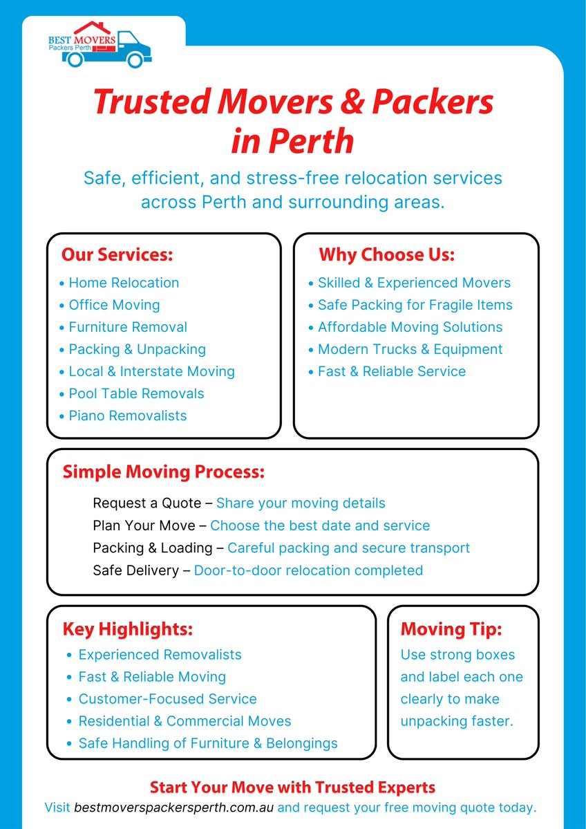 bestmoveperth's tweet image. 📦 Moving soon in Perth?

Don’t risk injuries or damaged furniture trying to move everything yourself.

Let #professionalremovalists handle the #heavylifting while you enjoy a smooth and #stressfreemove.

📞 Call: 08 5117 3004
🌐 Visit: bestmoverspackersperth.com.au

#moversperth