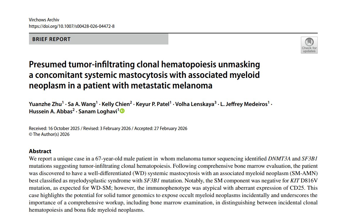 sanamloghavi's tweet image. Today is #hemepath day friends🤩 we report a cool case in @SpringerPath Virchows Archiv we think is of interest to oncologists &amp;amp;hematopathologist 
A patient with metastatic melanoma had solid tumor NGS showing DNMT3A and SF3B1 mutations at low VAF, initially attributed to