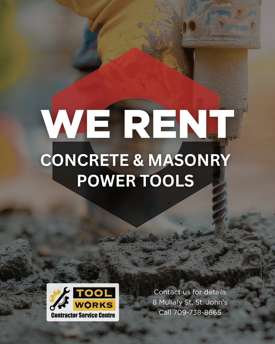 We Rent Concrete and Masonry Power Tools! From cut off-saws to concrete floor grinders and vibrators, we have the tools you need for your next masonry project.  🧱  ⛏️ 

Contact Tool Works for details and availability! 
 📞 709-738-TOOL(8665)

#ReadyToRent #ConstructionNL
