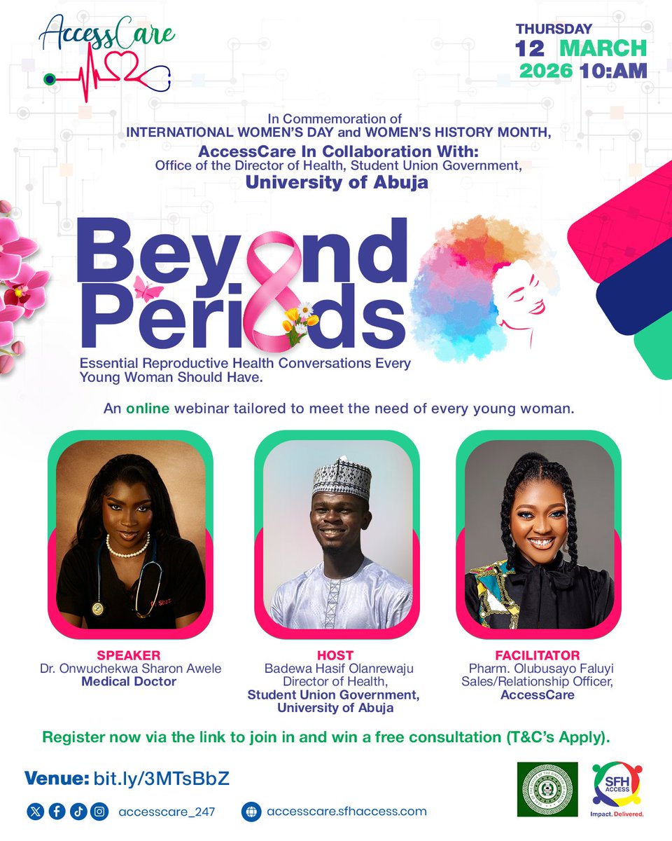 Join us as Dr. Onwuchekwa Sharon Awele shares insight on the following topics:

• Irregular menstruation
 • PCOS
 • Vaginal infections
 • Safe hygiene habits
 • Emergency contraception myths
 • Fertility myths young women believe.

THREAD