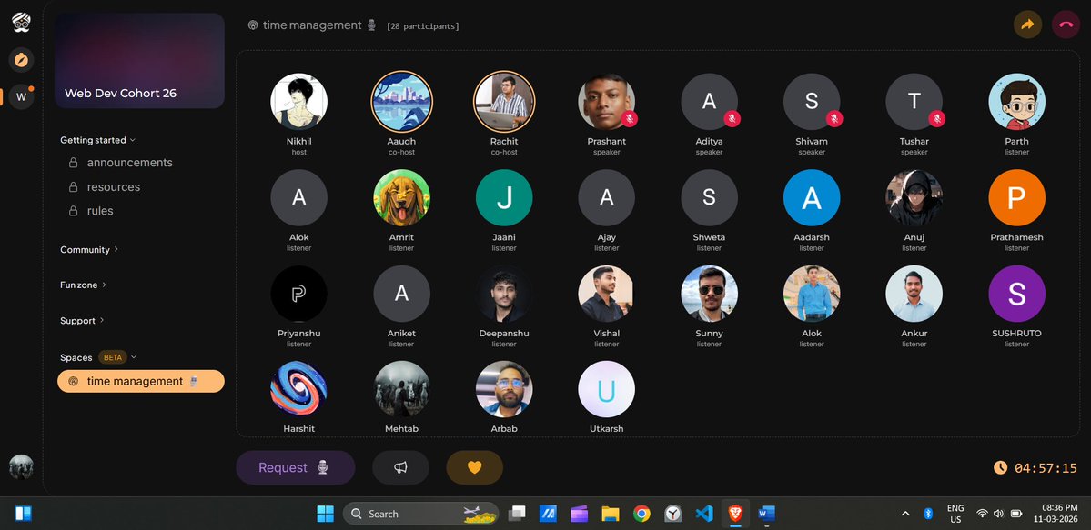 Today's space is about 'Time management' .
But as <a href="/BlazeisCoding/">Nikhil Rathore</a> sir say's "We have to manage work not time. " 😎
Well I don't have anything to say, just do the work 🤣🤣
<a href="/ChaiCodeHQ/">Chai Aur Code</a> <a href="/devwithjay/">Jay Kadlag</a> <a href="/Hiteshdotcom/">Hitesh Choudhary</a> <a href="/yntpdotme/">Akash Kadlag</a>