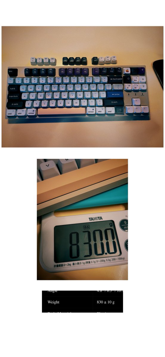 見た目の統一性は諦めて機能性をとった🫩
(KSAの黒が欲しいのだけどずっと売り切れ)

switchはFeker Holy PandaというのとKailhのDeep Sea silent pro v2(whale) と 右上3つだけKailh Box V2 Switch(whiteカチカチ)

F1~12キャップを入れ替えたら(-10.5 grams)奇しくもカタログ値通り重量になった🥳