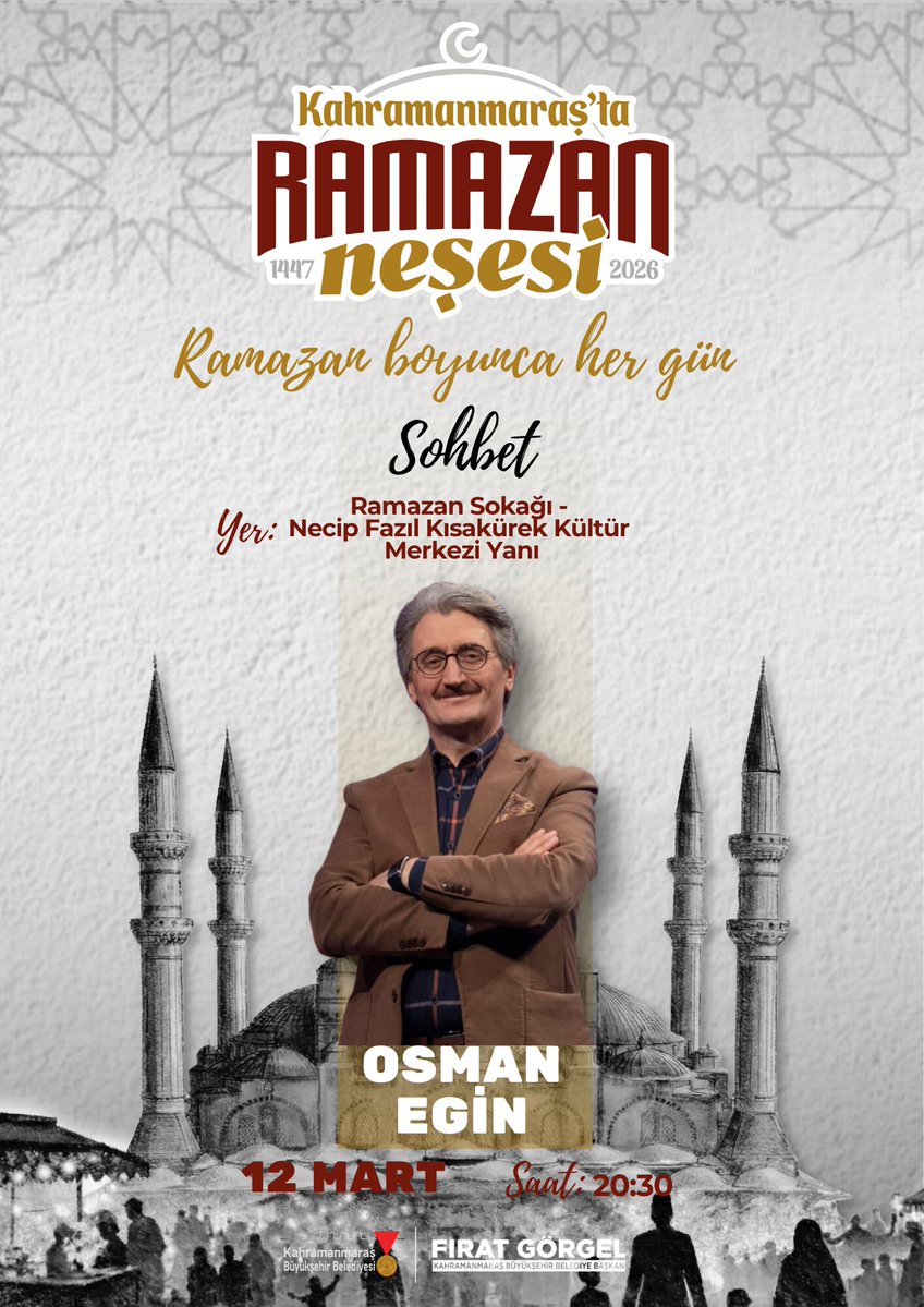 OSMAN EGİN, RAMAZAN SOKAĞI’NDA GÖNÜLLERE SESLENECEK
Kahramanmaraş Büyükşehir Belediyesi, 12 Mart Perşembe günü Ramazan Sokağı’nda hafız ve yazar Osman Egin’in katılımıyla özel bir sohbet programı düzenleyecek.memleket46.com/osman-egin-ram…