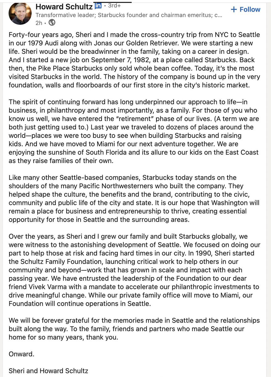 WHLeavitt's tweet image. Breaking: Starbucks founder Howard Schultz moves family from Seattle to Florida—the same day Dems pass income tax in WA.

Starbucks HQ shifting to Nashville.

Wealth exodus underway—Dems killed WA’s economy. 

Agree Dem policies ruin blue states? 

A. Yes 
B. No
