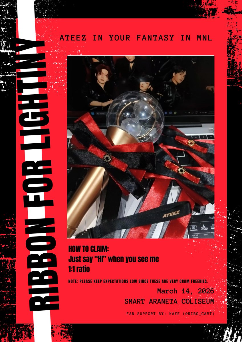 ribo_cart's tweet photo. ATEEZ IN YOUR FANTASY IN MANILA FREEBIES 🎀

Ribbon for Lightiny ୨୧

୨୧ like &amp; rt are appreciated
୨୧ 1:1 ratio | can't choose color
୨୧ time &amp; location: TBA

note: please keep expectations low since these are cram freebies

#InYourFantasy_MNL #InYourFantasy_MANILA #ATEEZinManila https://t.co/E1UDVcWUyC