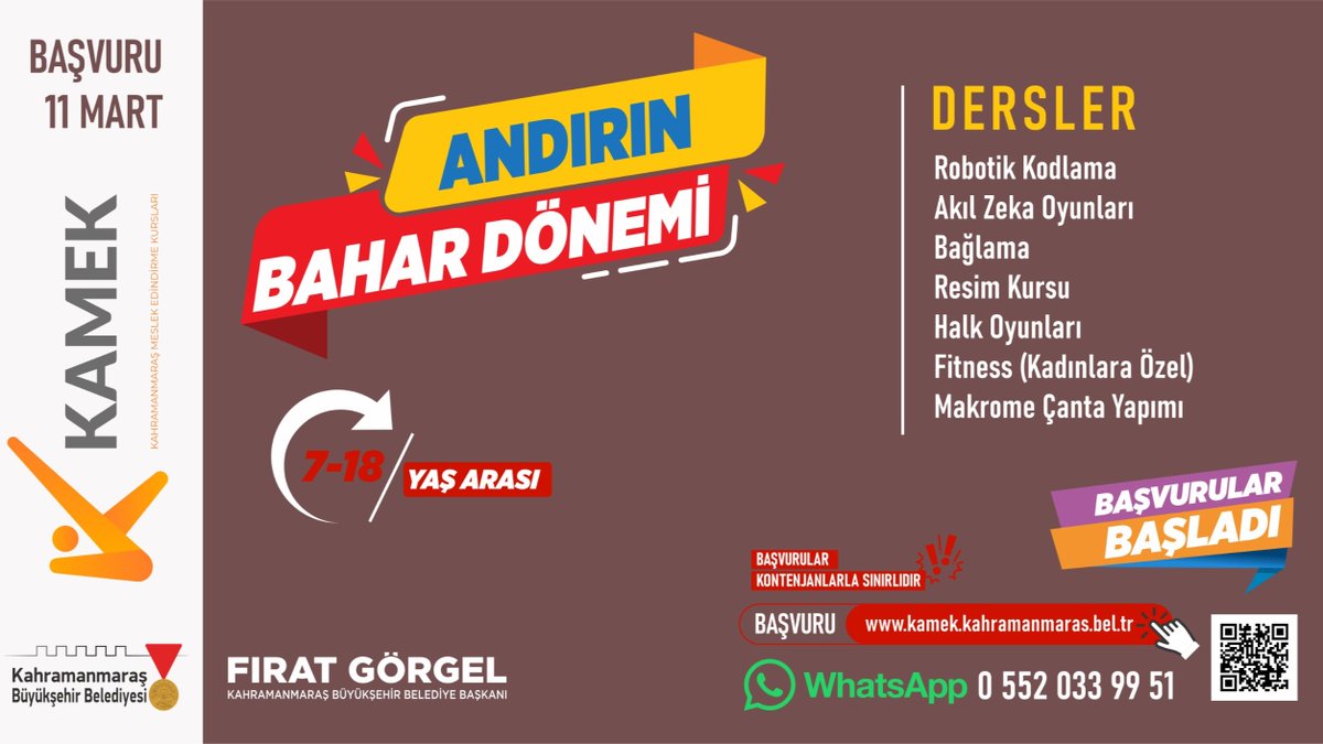 ANDIRIN’DA KAMEK KURSLARINA BAŞVURULAR BAŞLADI 7 BRANŞTA ÜCRETSİZ EĞİTİM 
Kahramanmaraş Büyükşehir Belediyesinin Meslek Edindirme Kursları, Andırın’da çocuklar ve gençlerle buluşacak. memleket46.com/andirin-da-kam…